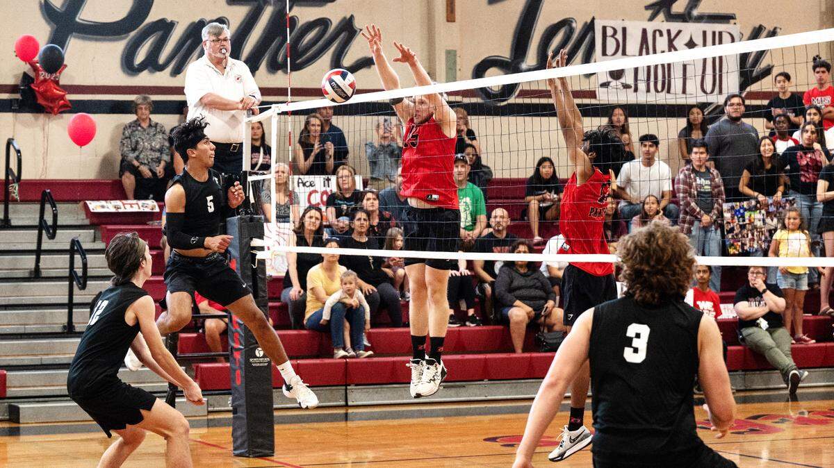 Modesto and Pitman battle in the Central California Athletic League match in Modesto, Calif., Thursday, April 27, 2023. Modesto won in five sets.