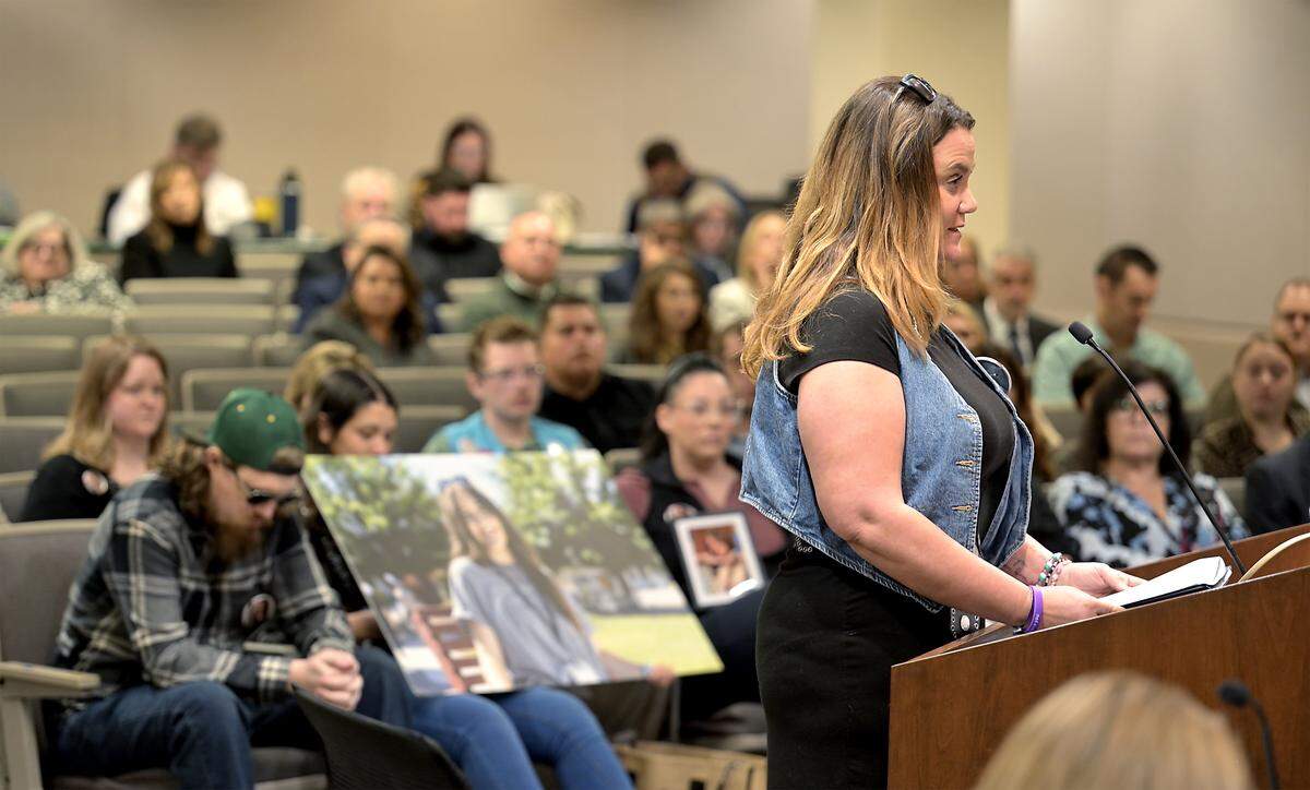 Ciara Walsh, mother of Avery Millerick, speaks to the Stanislaus County Board of Supervisors and makes an urgent request for a four-way stop on Grayson Road where her daughter died in a vehicle collision in June while exiting Camp Taylor in Grayson.