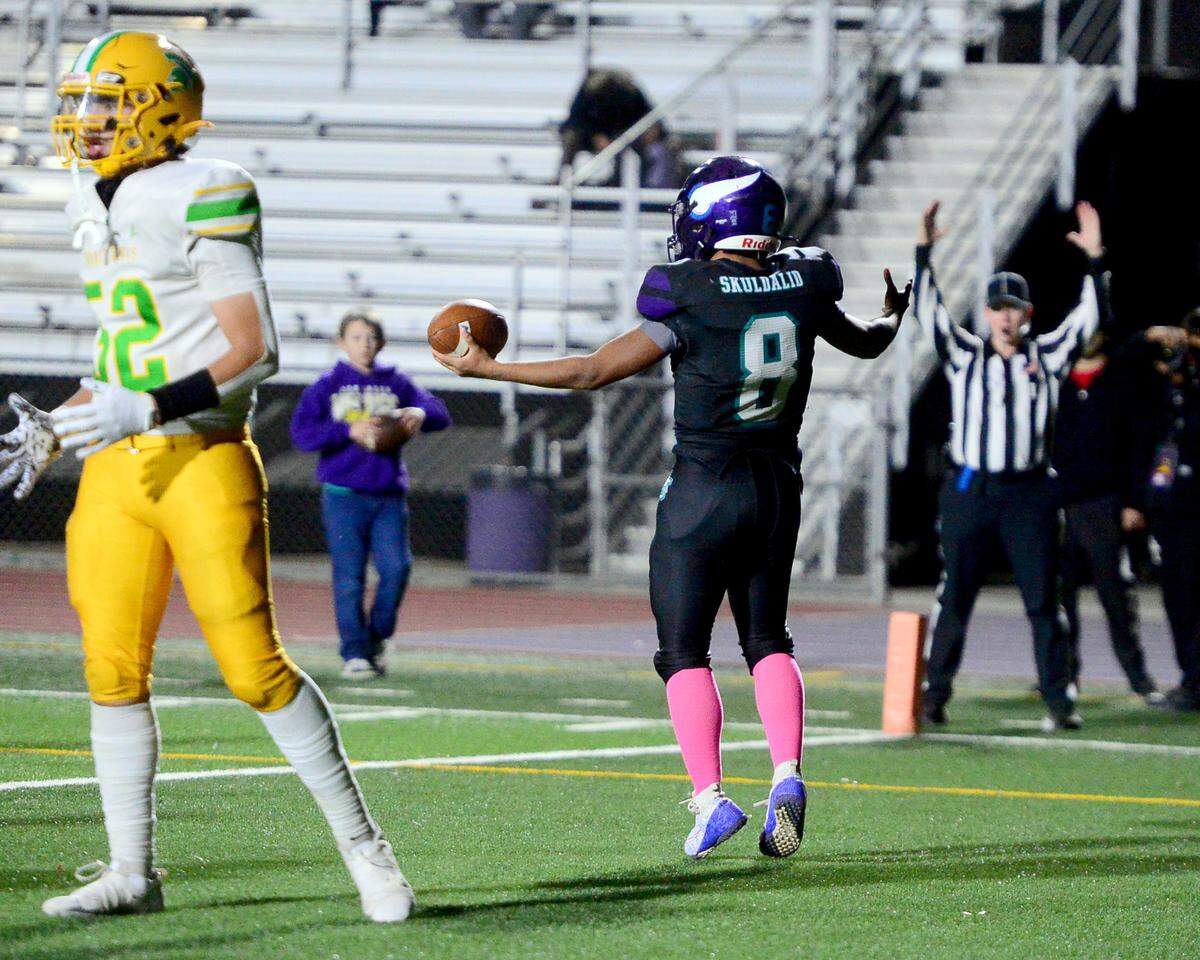 Johansen running back Ezekiel Rodriguez (8) celebrates after scoring a touchdown during a game between Johansen and Davis at Johansen High School in Modesto California on November 1, 2024.