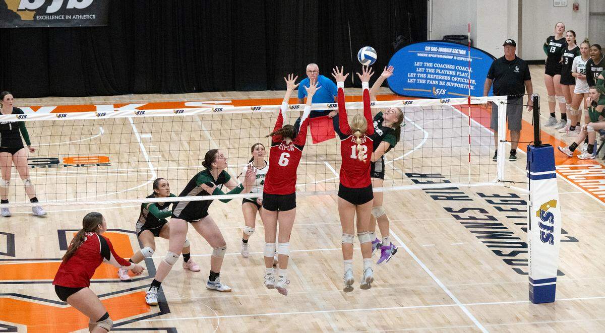 Ripon and Liberty Ranch battle during the Sac-Joaquin Section Division IV section volleyball championship match at Cosumnes River College in Sacramento, Saturday, Nov. 9, 2024.