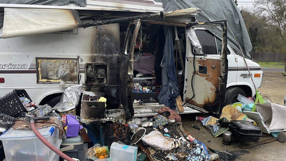 Fire damage is seen on a van or RV on the 1200 block of Roselawn Avenue in Modesto after a propane tank explosion injured two adults Friday morning, according to the Modesto Fire Department.