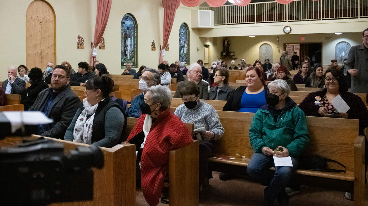 Attendees including Assemblyman Juan Alanis, front left, gather at the “Silence is Complicity” interfaith vigil at St. Francis of Rome Catholic Church in Riverbank on Dec. 13.