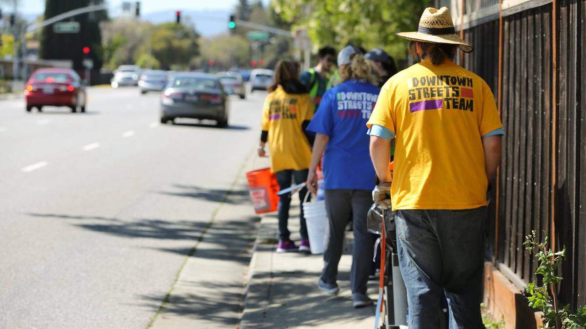 FILE PHOTO — Members of the Downtown Streets Team work in Sunnyvale. The nonprofit helps the homeless find housing and jobs.