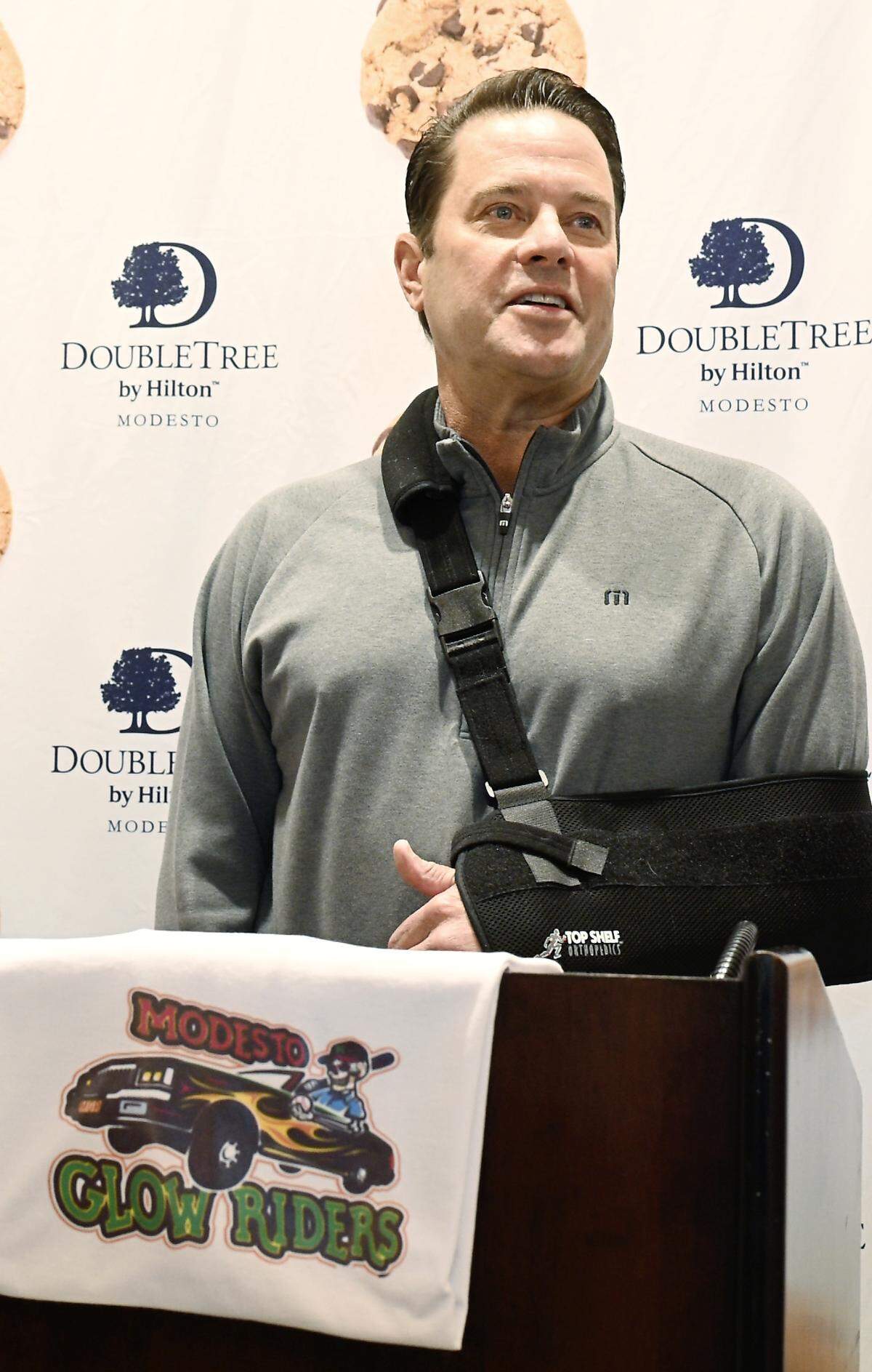 Former major league player JT Snow was announced as the Modesto Glow Riders baseball team manger during a press conference at the DoubleTree Hotel in Modesto, Thursday, Nov. 13, 2025.