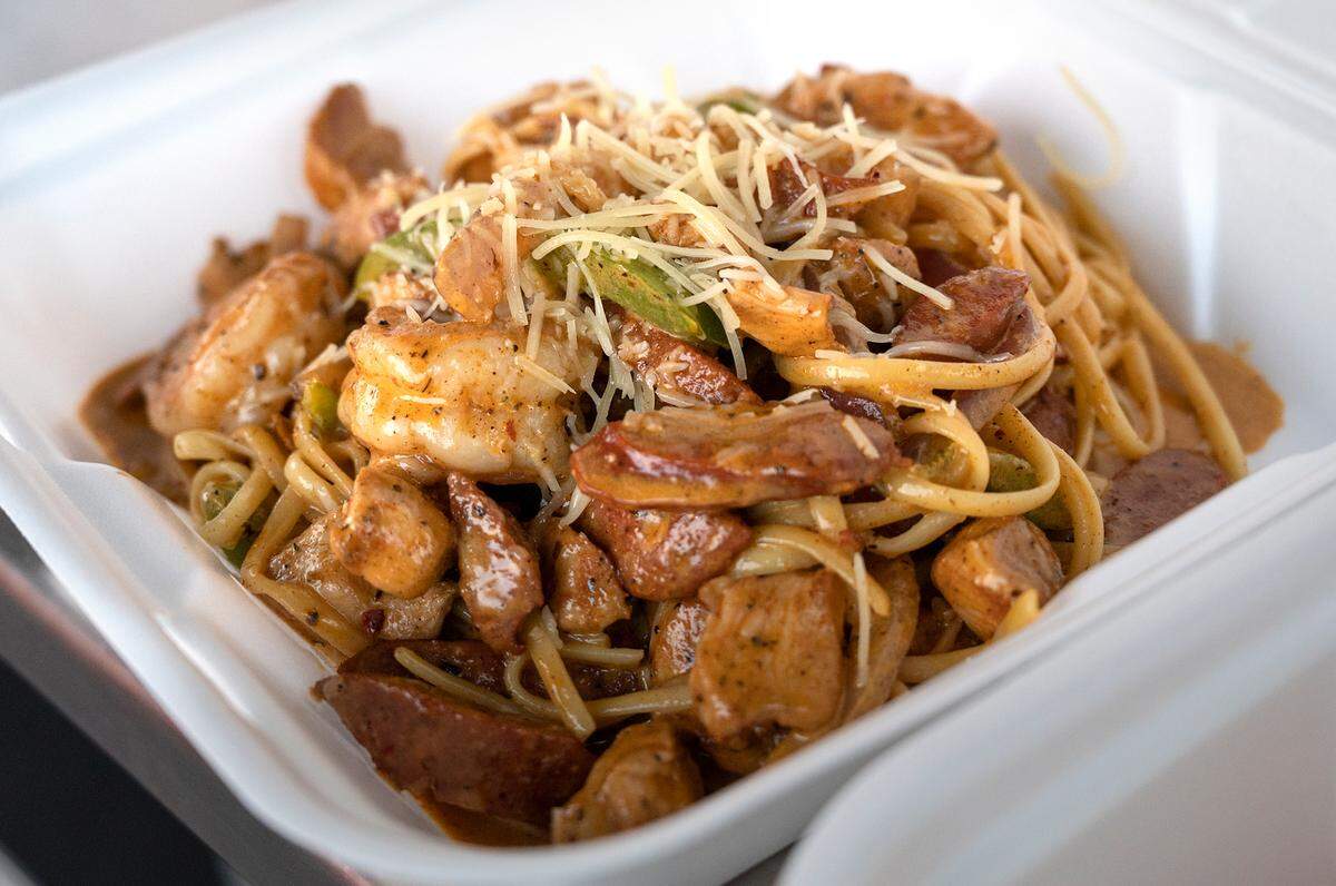 Cajun Linguini (linguini with shrimp, chicken and spicy sausage and cajun sauce) at Braulio’s Bistro food truck in Modesto ,Calif., on Thursday, Nov. 18, 2021.