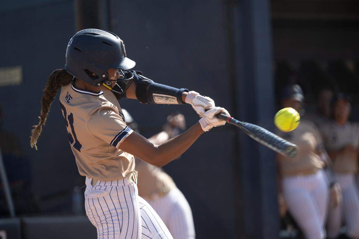 Central Catholic’s Ceriah Fitzhugh drives connect for a triple during the Sac-Joaquin Section Division III playoff game with Vista Del Lago at Central Catholic high School in Modesto, Friday, May 16, 2025.