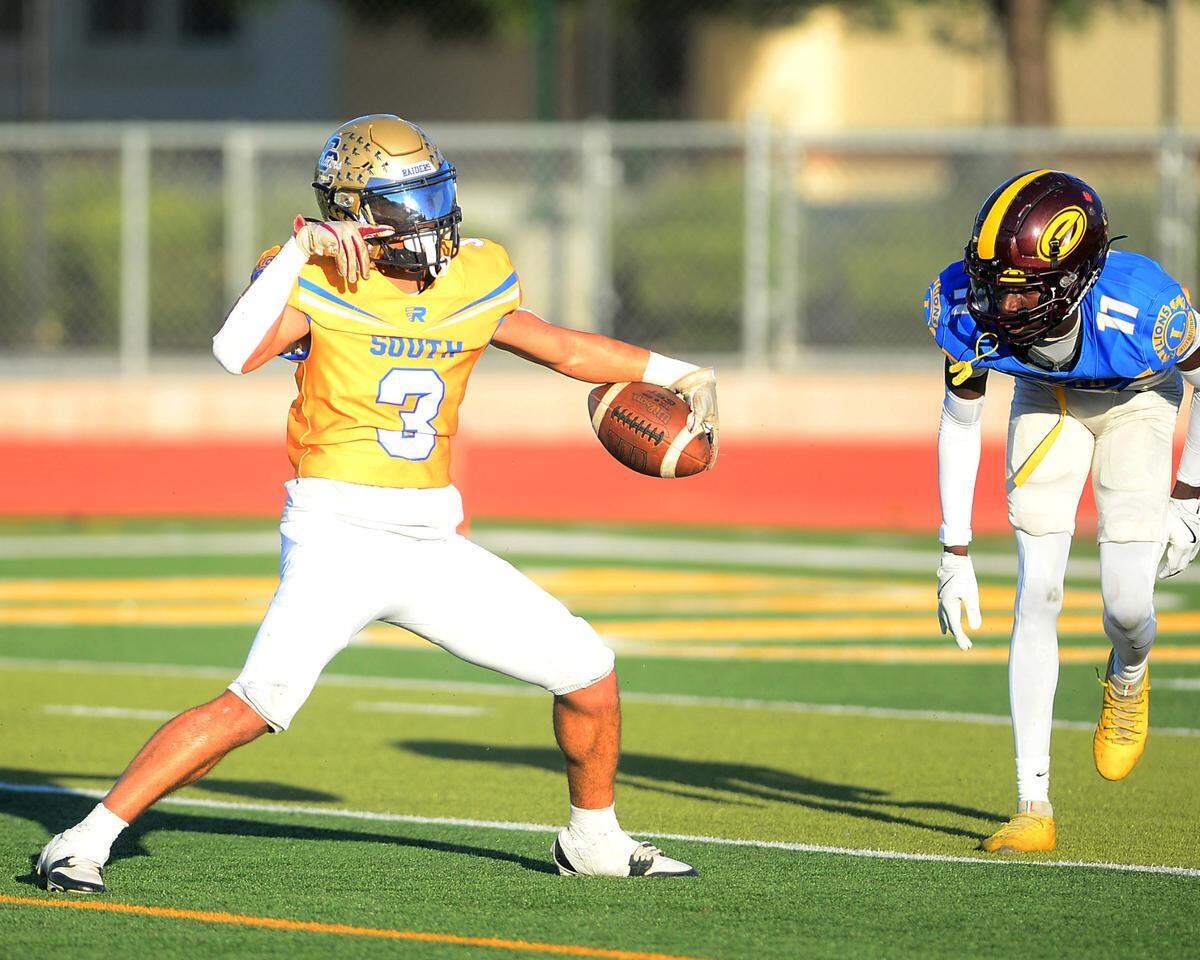 Central Catholic’s Trace Hernandez (3) celebrates after a catch down field during the 2024 Lions All-Star High School Football game at Tracy High School in Tracy, Calif. on June 22, 2024.