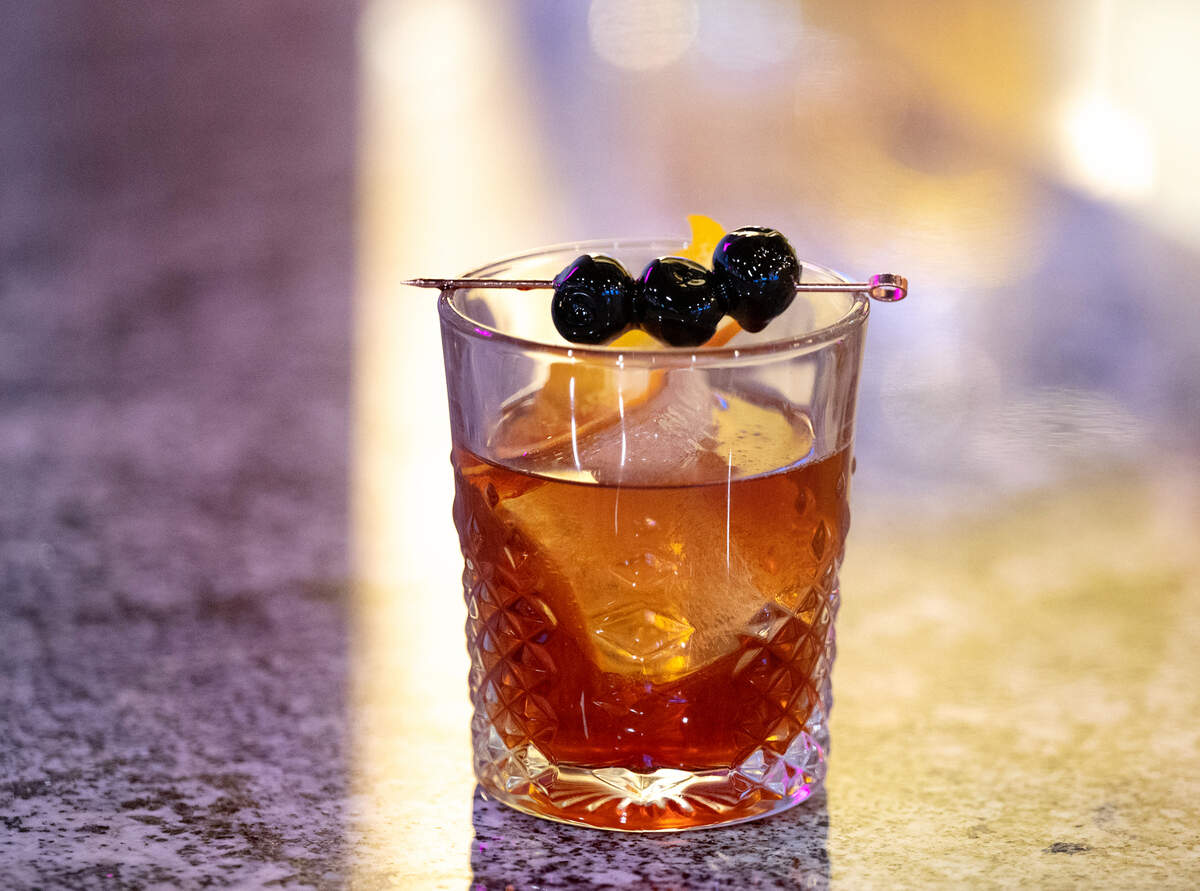A bourbon Old Fashioned mixed drink at Spotlight Ultra Lounge in downtown Modesto, Calif., on March 10, 2022. The nightclub is planning to open this month.