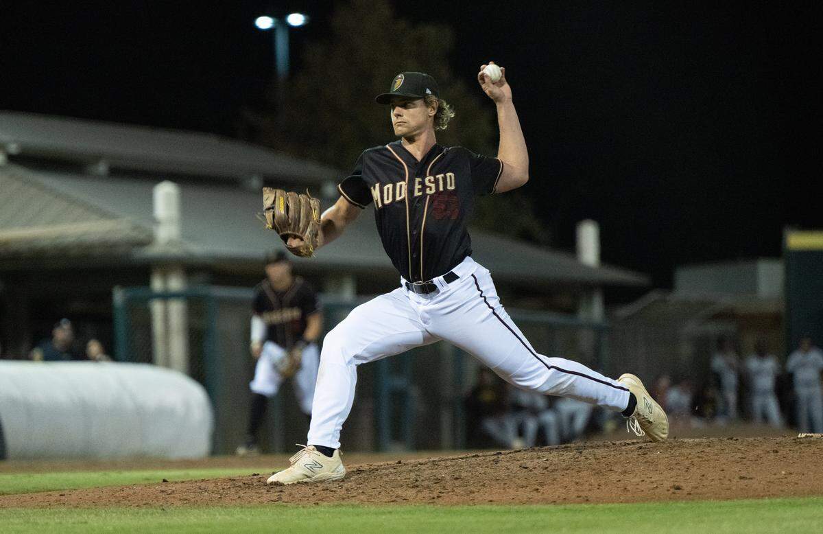Modesto Nuts’ Jack White delivers a pitch during the California League Championship game with Lake Elsinore at John Thurman Field in Modesto, Calif., Wednesday, Sept. 18, 2024.