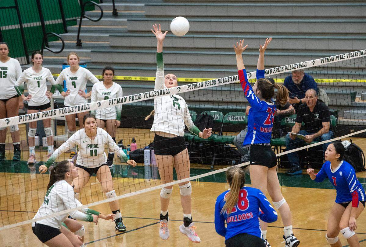 Pitman’s Lauren Hamilton returns a ball during the CIF Sac-Joaquin Girls Volleyball Division I playoff match with Folsom at Pitman High School in Turlock, Calif., Thursday, Oct. 27, 2022. Pitman won 3-1 and advances to a semifinal match with Oak Ridge on Tuesday, Nov. 1.