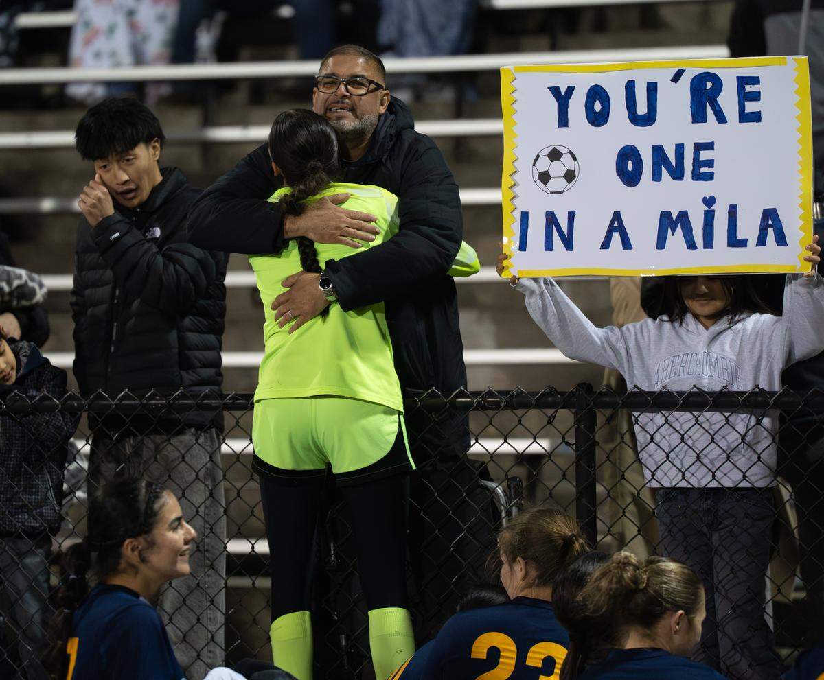 Gregori High goalkeeper Jocelyn Malagon greets family members after the Jaguars won their first CIF Sac-Joaquin Section girls soccer championship on Saturday, Feb. 21, 2026 at Cosumnes River College.