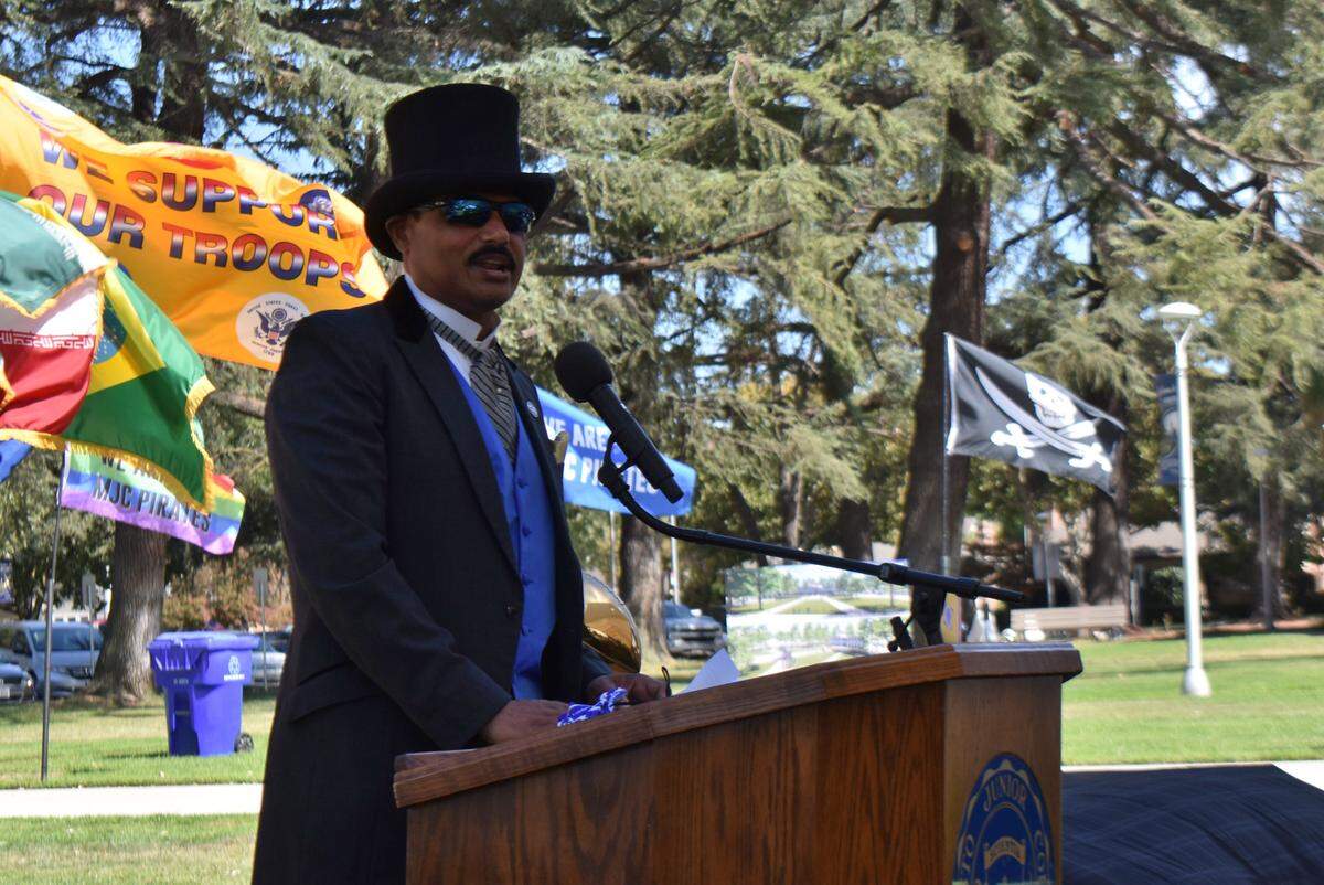 Modesto Junior College President Santanu Bandyopadhyay addresses the audience during the Centennial Founders’ Day Celebration in the East Campus Quad on Sunday afternoon, Sept. 19, 2021.