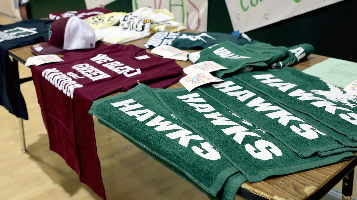 A table of school swag sits in a hallway during an open house at Central Valley High School a few years back