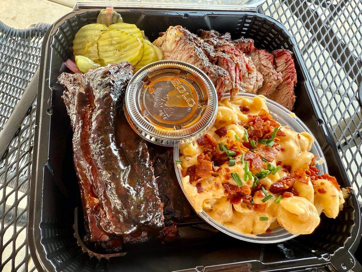 A pork ribs and brisket platter with five-cheese macaroni from Craft BBQ & Catering Co. in Modesto.