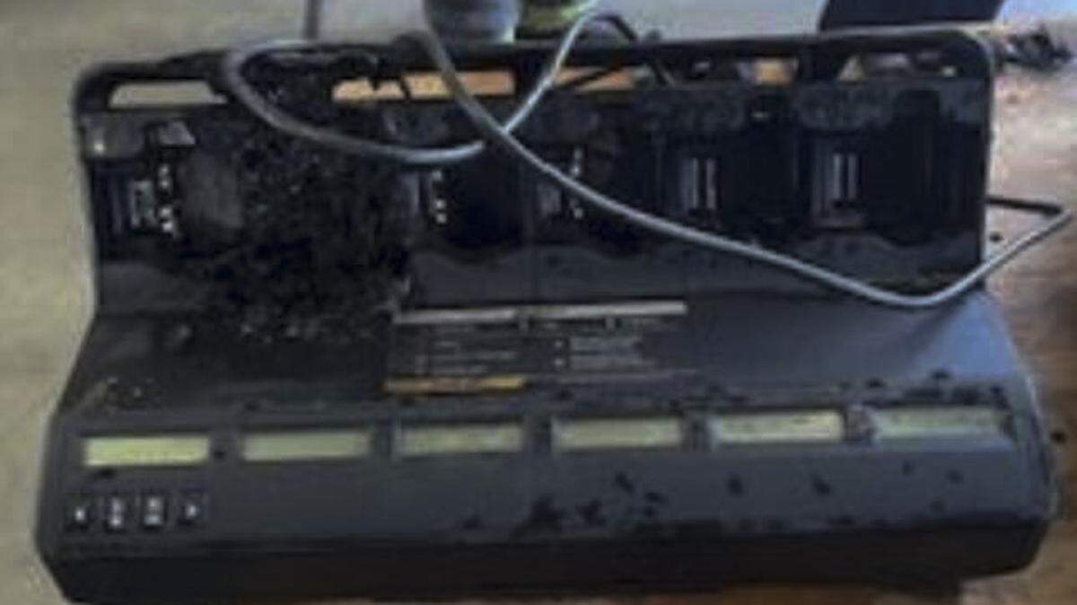 A damaged radio battery charger bank is shown inside Modesto Fire Station 5 after a lithium-ion battery failed and ignited Wednesday morning, according to the Modesto Fire Department. The fire caused smoke damage but no injuries were reported.