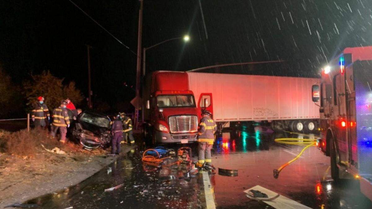 The driver and passenger of a sedan suffered moderate injuries Friday night, Dec. 11, 2020, when struck by a tractor-trailer at Patterson and Albers roads, according to the Modesto Fire Department.