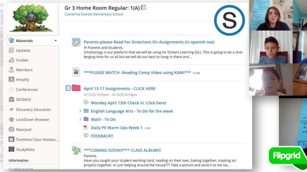 A screenshot shows the Schoology page used by Everett Elementary third-grade teacher Christina Elizondo.
