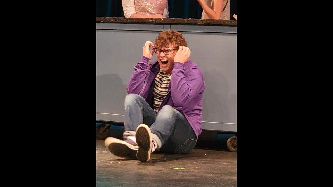 Dalton Howry, a Turlock High School junior, portrays the lead role of Jeremy in the musical “Be More Chill” on April 9, 2022, during a family-only showing. The show, scheduled to run April 7-10, was canceled after concerns arose about mature content.