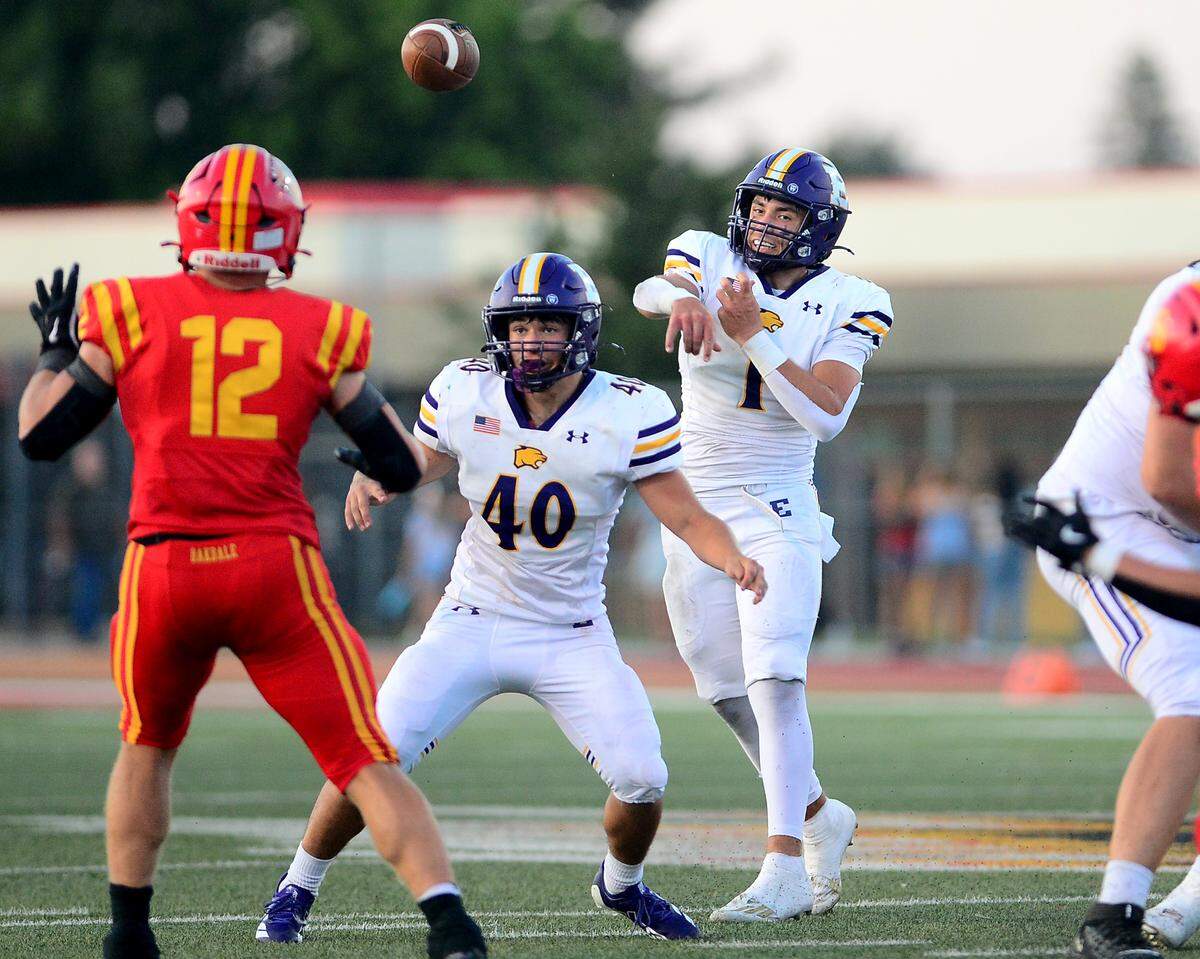 Escalon quarterback Logan Huebner (1) throws a pass during the game with Oakdale at Oakdale High School in Oakdale on  Sept. 5, 2025.
