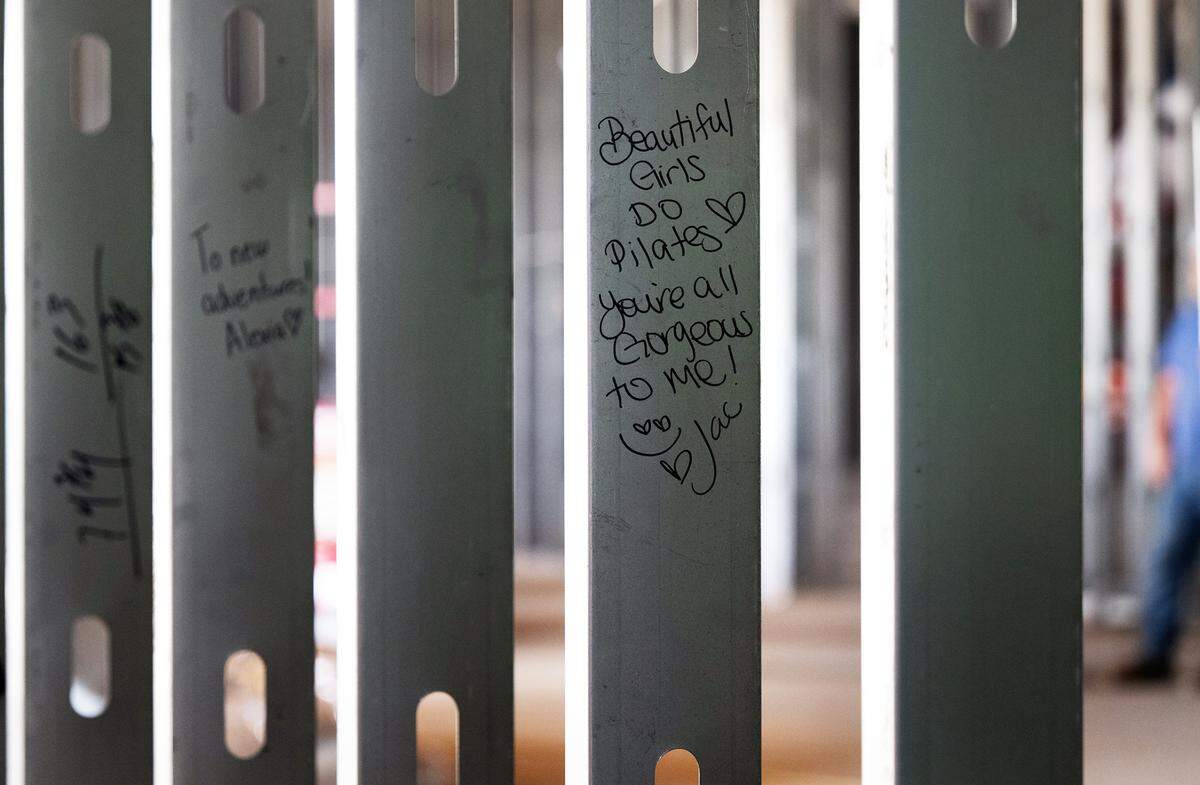 Words of affirmation adorn the metal framing at the Ride 209 Fitness and Recovery Studio’s new building under construction in Ripon, Calif., Thursday, May 2, 2024.