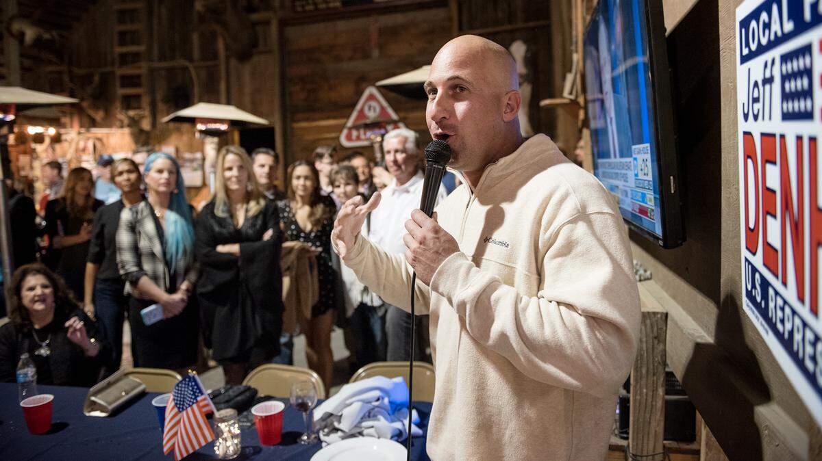 State assemblyman Heath Flora addresses supporters at an election night party in Modesto, Calif., Tuesday, Nov. 6, 2018.