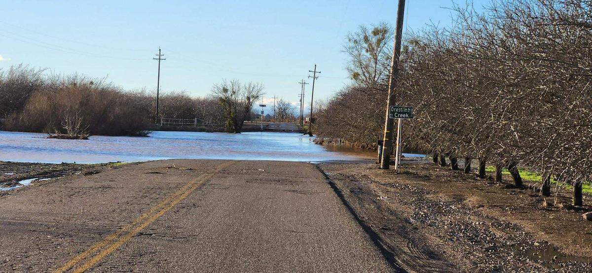 Eastin Road flooded at Orestimba Creek near Newman in Saturday’s storm.