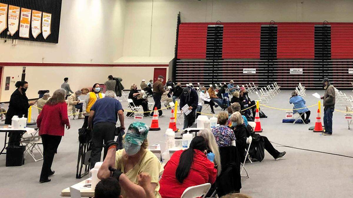 COVID-19 vaccination clinic at California State University, Stanislaus in Turlock, Calif., on Thursday, Jan. 21, 2021.