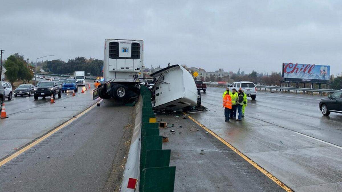 A big rig driver lost control on southbound Highway 99 south of Briggsmore Avenue in Modesto on Sunday morning, Dec. 13,2020. Pieces of the concrete divider were sprayed across the northbound lanes. No one was hurt, but traffic was expected to be affected for several hours.