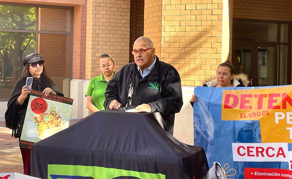 Grayson resident John Mataka speaks at the press conference hosted by Californians for Pesticide Reform in Modesto on  Tuesday, Nov. 18, 2025. Mataka called current pesticide regulations racist.