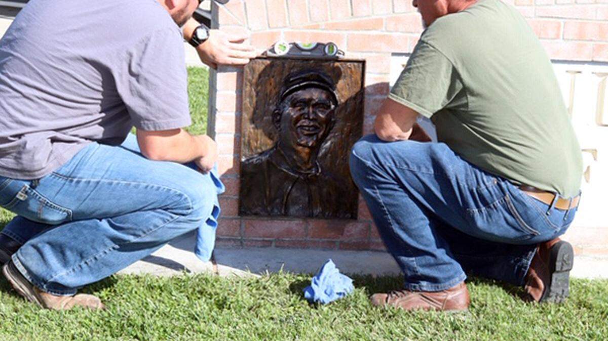 The finishing touches on Windemuth Field at Enochs High were recently completed. The field, named for the longtime Modesto High School and Davis High School coach, was dedicated 10 years ago. Former players raised funds for the field and scoreboard, but one piece of the plan, a bronze plaque of Windemuth on a brick wall near the backstop, wasn’t completed. Local sculptor Betty Saletta was commissioned this year and produced the likeness of Windemuth, known by many as “Mr. Baseball” and “The Mad Russian.”