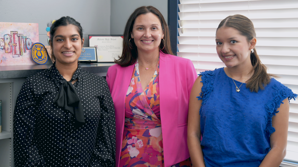 Modesto City Schools Superintendent Vanessa Buitrago is flanked by Sabrina Toor, left, and Juliana Garcia, student representatives to the Board of Education, in fall 2025.