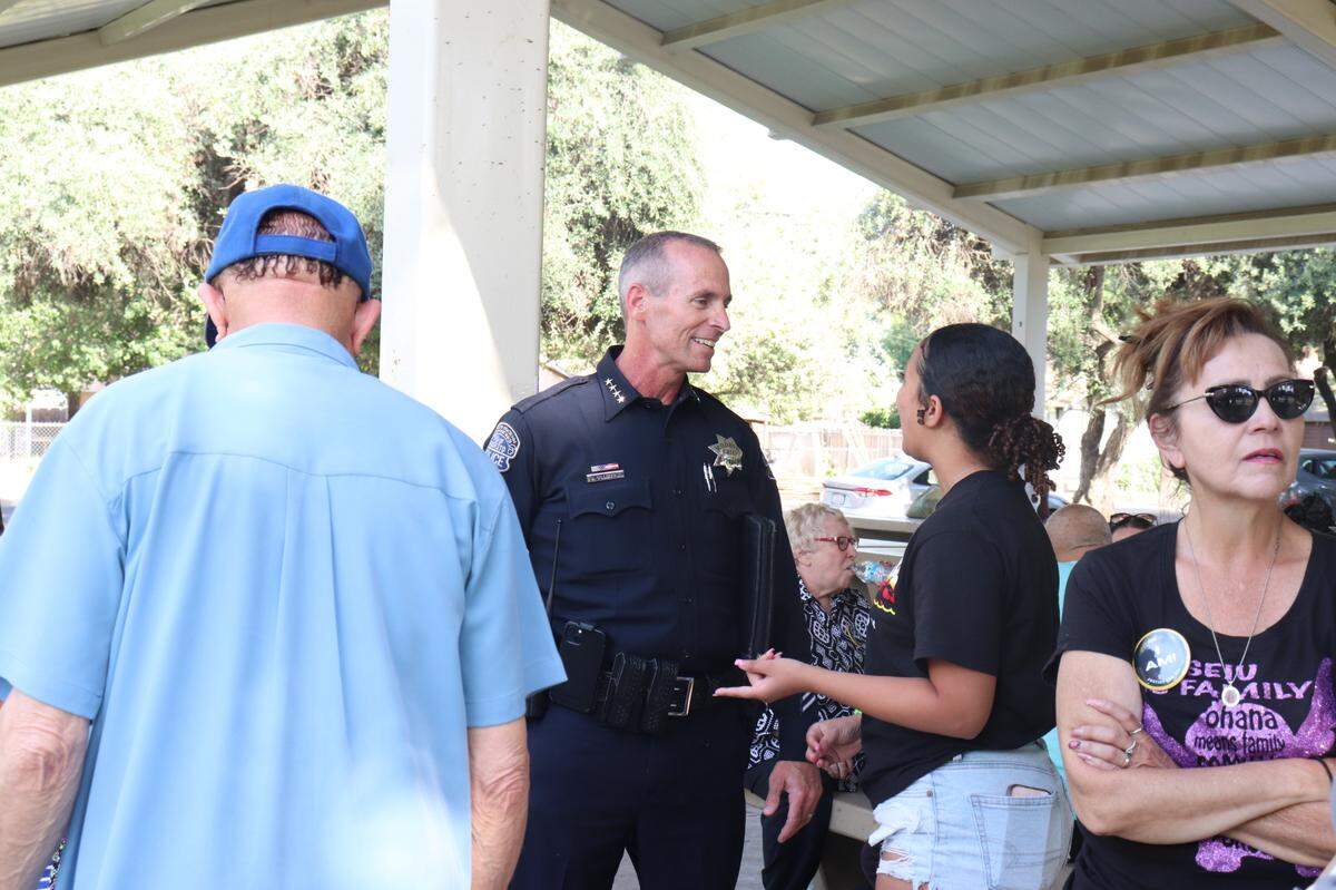 Modesto Police Chief Brandon Gillespie speaks with community members at the Justice For All Forum - Dismantling Racism in Stanislaus County forum on Jun. 20, 2024.