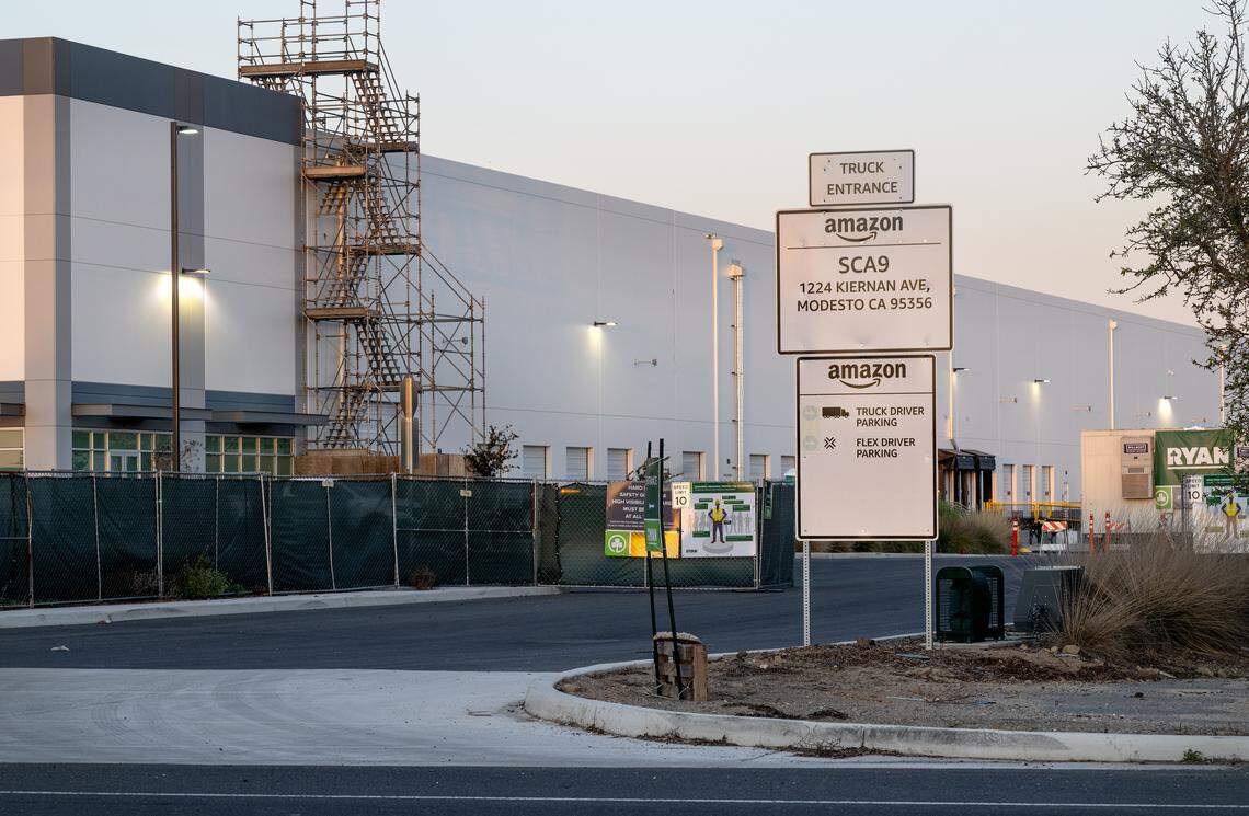 The warehouse at Kiernan Avenue and Tully Road in Modesto, on Wednesday, March. 4, 2026. A spokesperson for Amazon said the facility will be a same-day fulfillment center. 