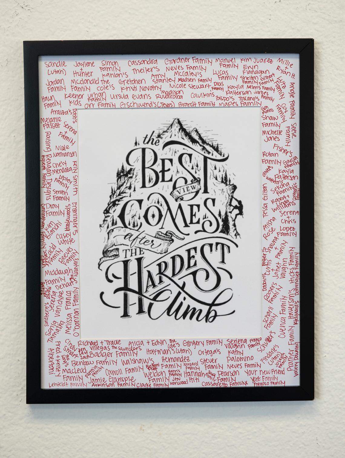 Oakdale community members signed an inspirational poster for Dylan after he was bullied by several boys. It hangs in his family’s shaved-ice shop in Oakdale, Calif., on Monday, Dec. 27, 2021.