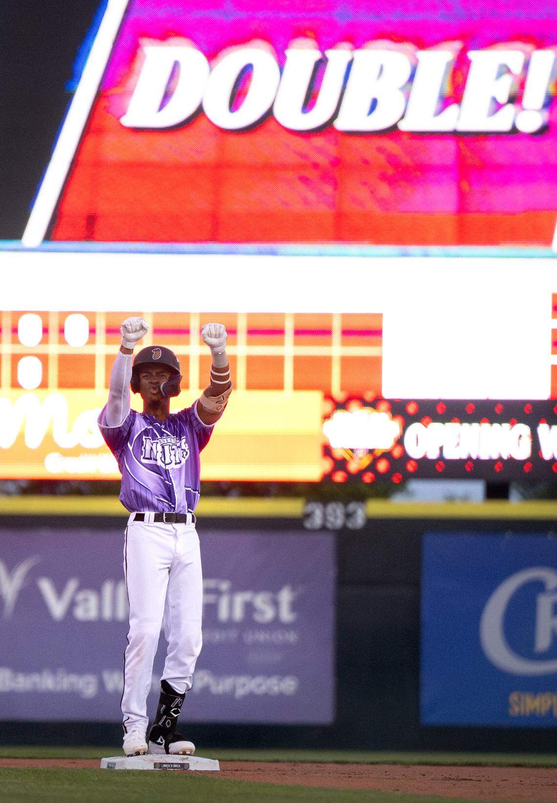 Modesto Nuts’ Curtis Washington Jr. celebrates a double during the game with San Jose Giants at John Thurman Field in Modesto, Friday, April 4, 2025.