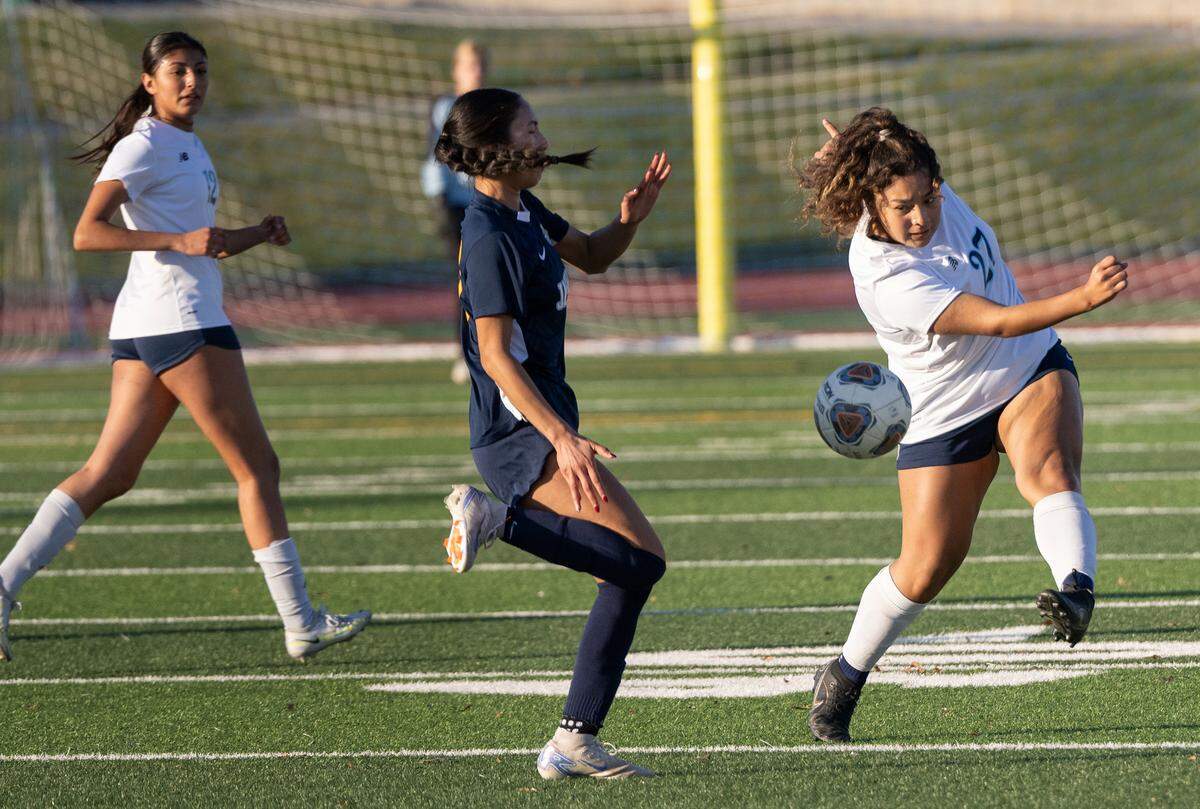 Downey’s Samantha Sanchez (27) kicks the ball upfield during the Central California Athletic League game with Gregori at Gregori High School in Modesto, Thursday, Jan. 9, 2024.
