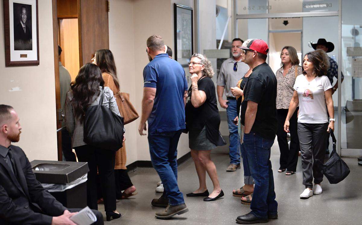 People walk into courtroom 5 to attend a hearing for Juliette Acosta at the Stanislaus County Superior Courthouse in Modesto, Tuesday, April 15, 2025. Acosta was being arraigned on murder and DUI charges that resulted in the death of her daughter, Reagan Herrin.