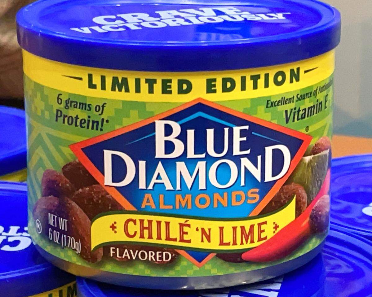 Snack almonds from Blue Diamond Growers are displayed at its annual meeting in Modesto, California, on Nov. 15, 2023.