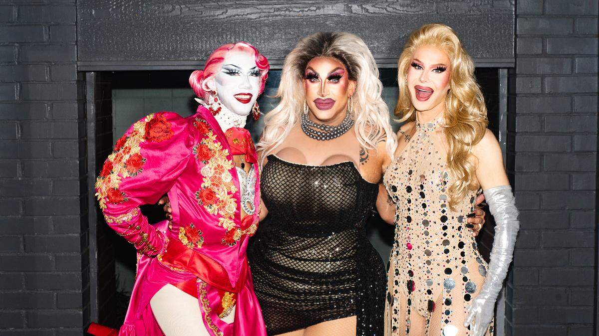 RuPaul’s Drag Race Mexico season one competitor Pixie Pixie with drag show host Sasha Devaroe and “Drag Race” season 9 competitor and co-winner of “Rupaul’s Drag Race All-Stars” season 4, Trinity “The Tuck” Taylor at Taylor’s performance at Splash Modesto on Saturday, Feb. 15.