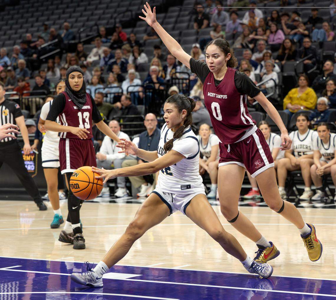Central Catholic’s Hannah Garcia passes the ball during the Sac-Joaquin Section Division IV championship game with West Campus at the Golden 1 Center in Sacramento, Friday, Feb. 27, 2026.