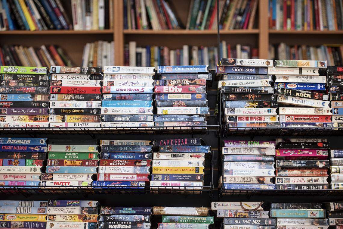 VHS tapes for sales at Mad Monk, combination music-movies store and used clothing shop, in Modesto, Calif., on Wednesday, Dec. 18, 2019.