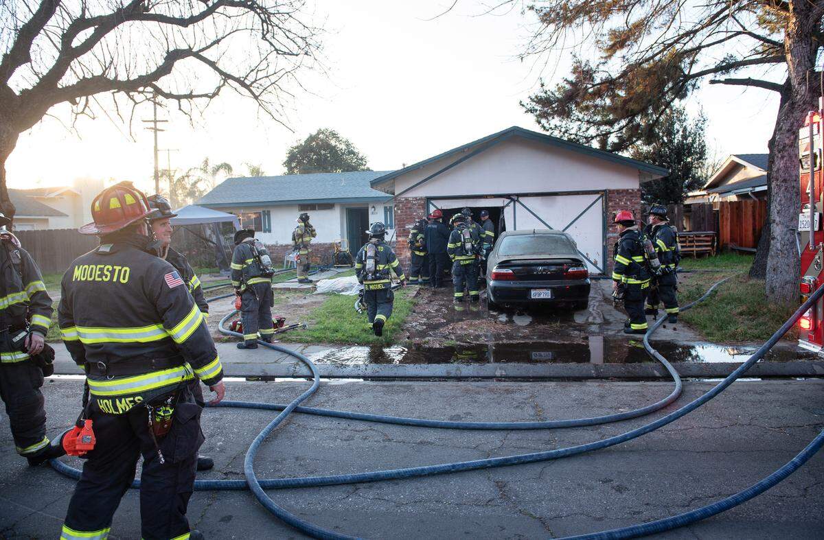 Modesto Fire responded to a garage fire in Modesto, Calif., on Tuesday, March 10, 2020.
