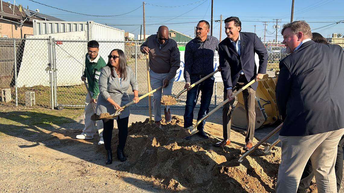 Ground is ceremoniously broken Wednesday, Jan. 14, 2026, on a project to build  curbs, gutters and sidewalks in the Bret Harte neighborhood in southwest Modesto.