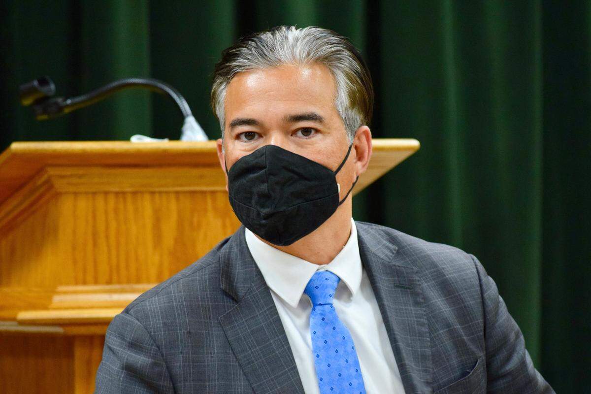 California Attorney General Rob Bonta speaks to community members at King-Kennedy Memorial Center in southwest Modesto on Dec. 13, 2021.
