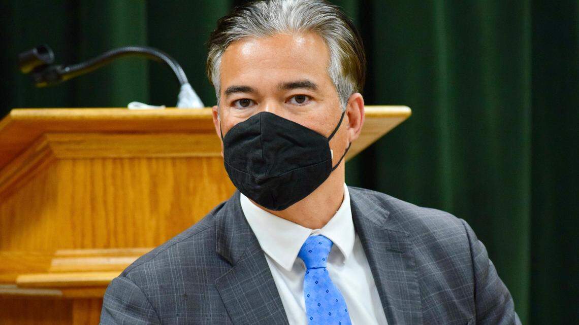 California Attorney General Rob Bonta, seen speaking at a Modesto event in December. announced on Wednesday, Jan. 12, 2022 that he is suing The Aliera Companies that offered sham health insurance plans and collected millions of dollars from Californians only to leave consumers with mounting debt after declining to cover their medical costs.