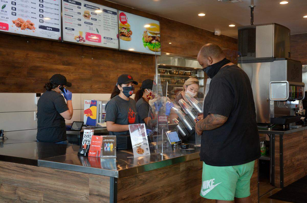 Inside the new Fire Wings restaurant in Modesto, Calif., which is open for takeout or delivery.