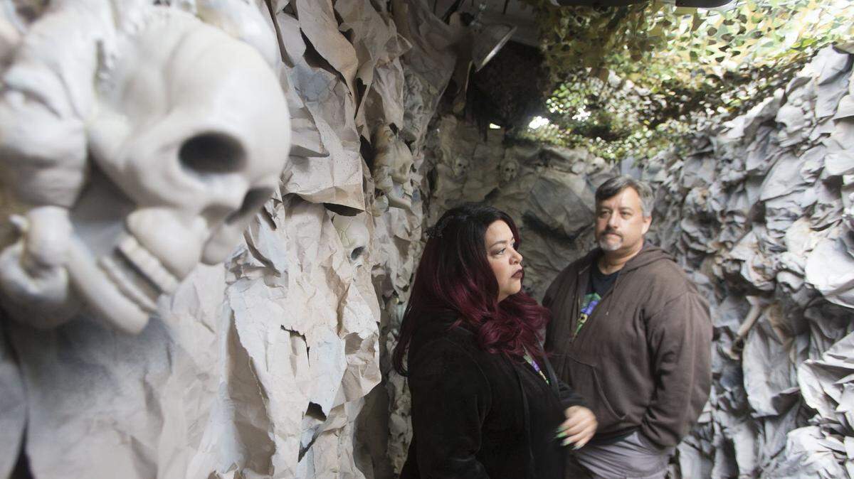 Photographed in October 2016, Chris and Lynette Brown stand inside their haunted house that the city of Modesto shut down last fall. Deathworkz  was a private haunted house that had been operating for 15 years. It's now gone fully professional, including a three-day Deathworkz Haunt Halloween Festival beginning Oct. 27 at the Stanislaus County Fairground in Turlock.