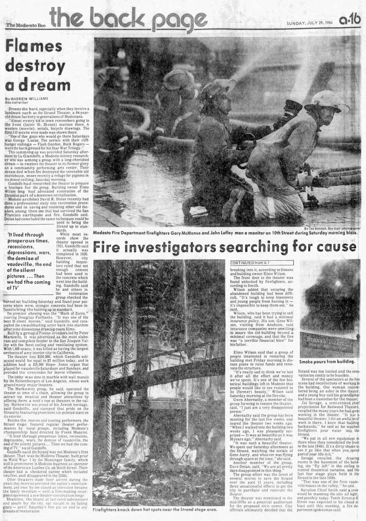 The Strand Theatre, 1021 10th Street, burned on July 28, 1984
