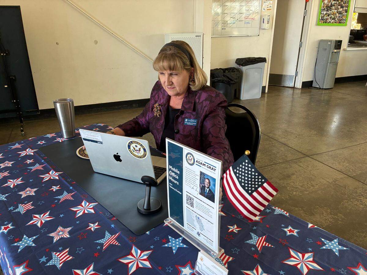 A woman sits at a desk festooned with patriotic stars. She is looking at a laptop screen.  