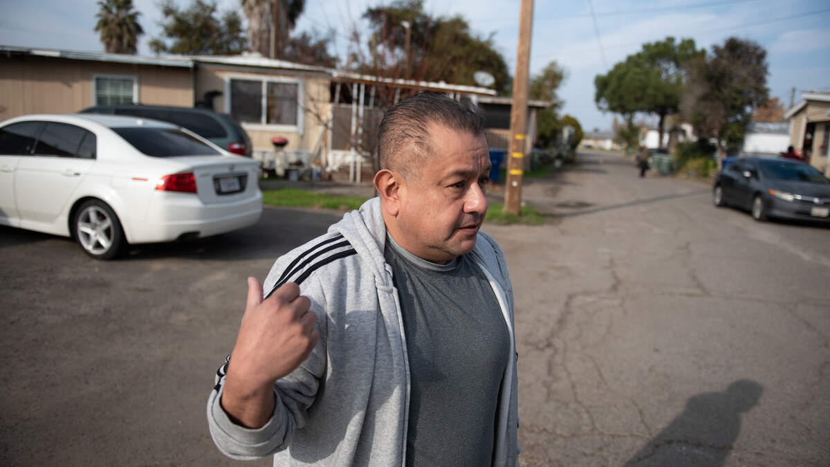 Resident Gustavo Lopez talks about the living conditions at Lazy Wheels mobile home park in Ceres, Calif., Friday, Dec. 23, 2022.